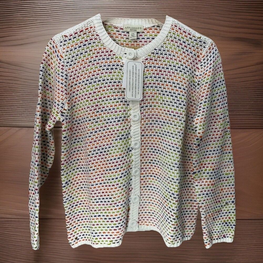 Appleseeds Women Cardigan Sweater Sz PM Crochet Button up Colorfully - Picture 7 of 15